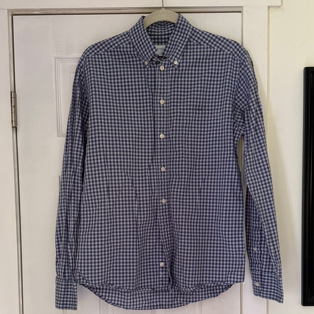Eton Blue and White Checkered Gingham Button Down Shirt
